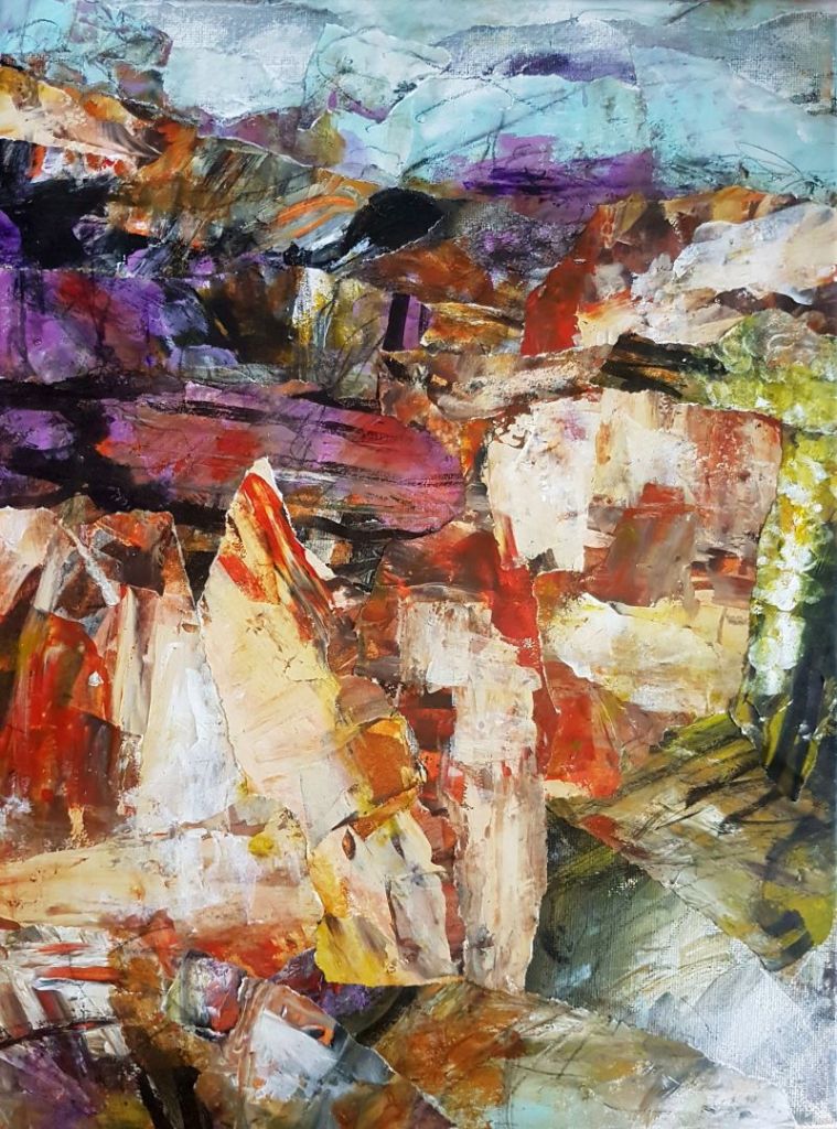 Wairo Rocks, 2020. Collage and acrylic on canvas.   40cm x 30cm   $300 